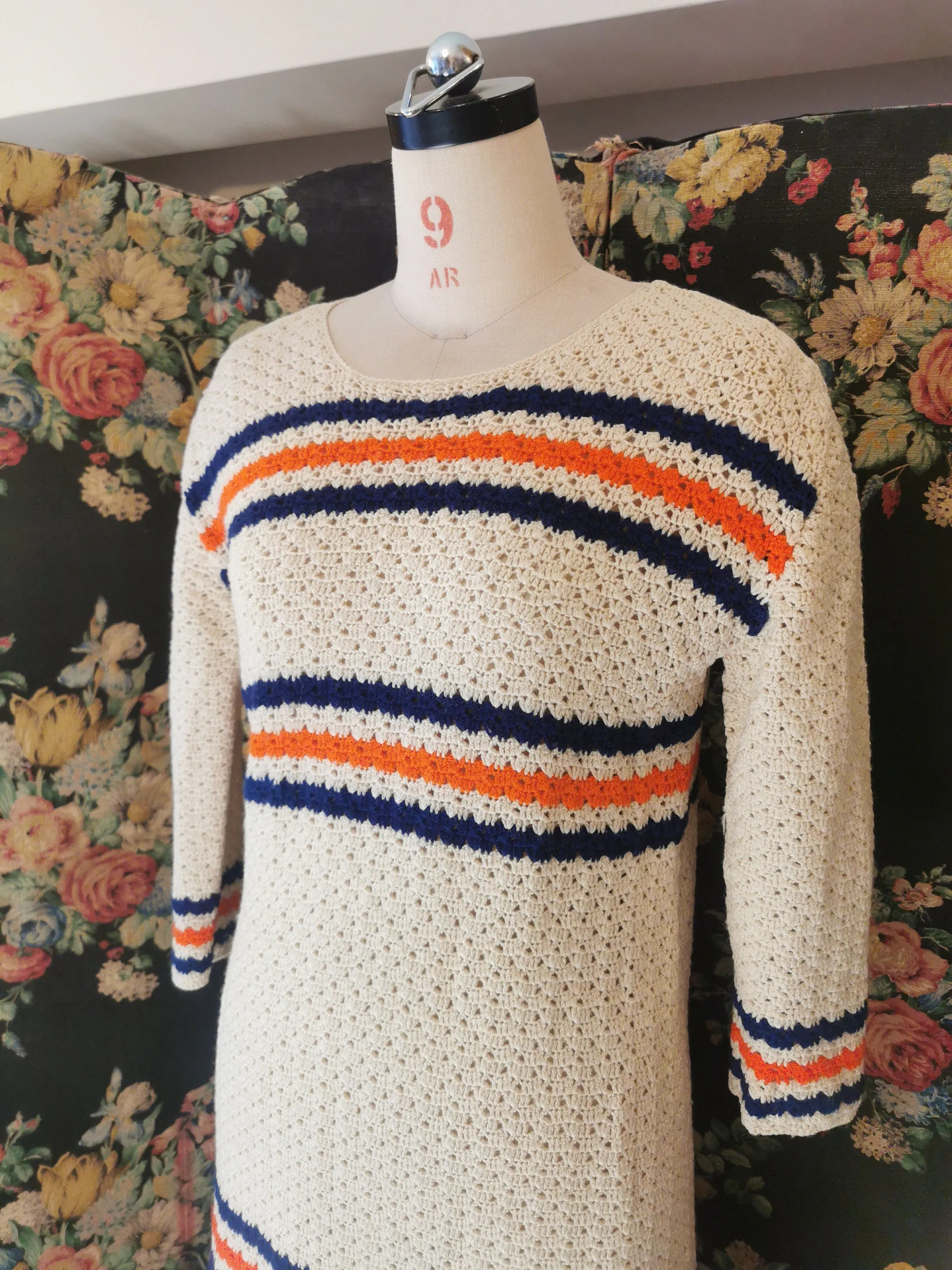 1960s beige knit dress with navy and orange stripe