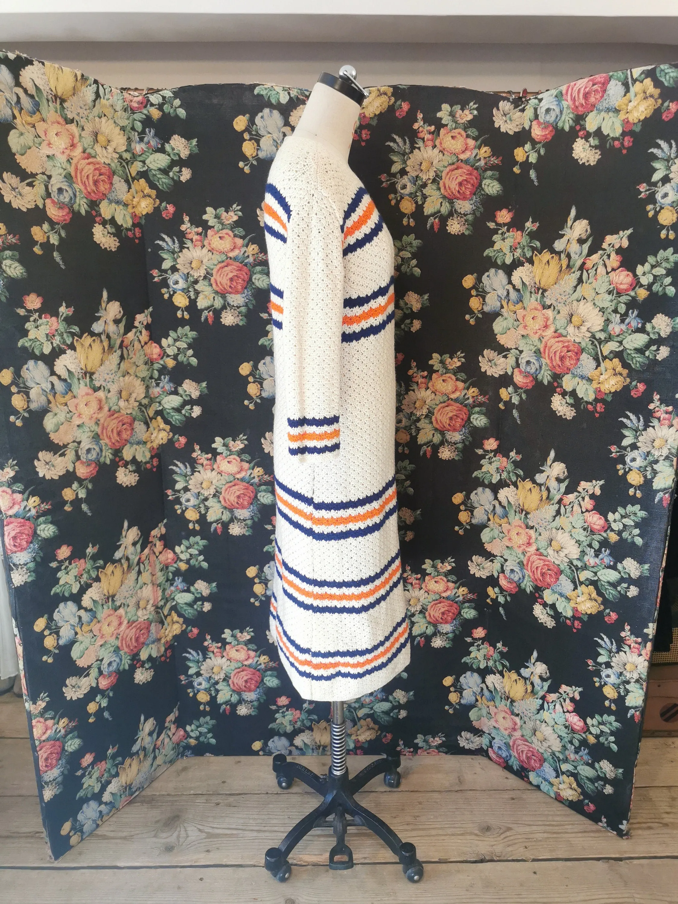 1960s beige knit dress with navy and orange stripe