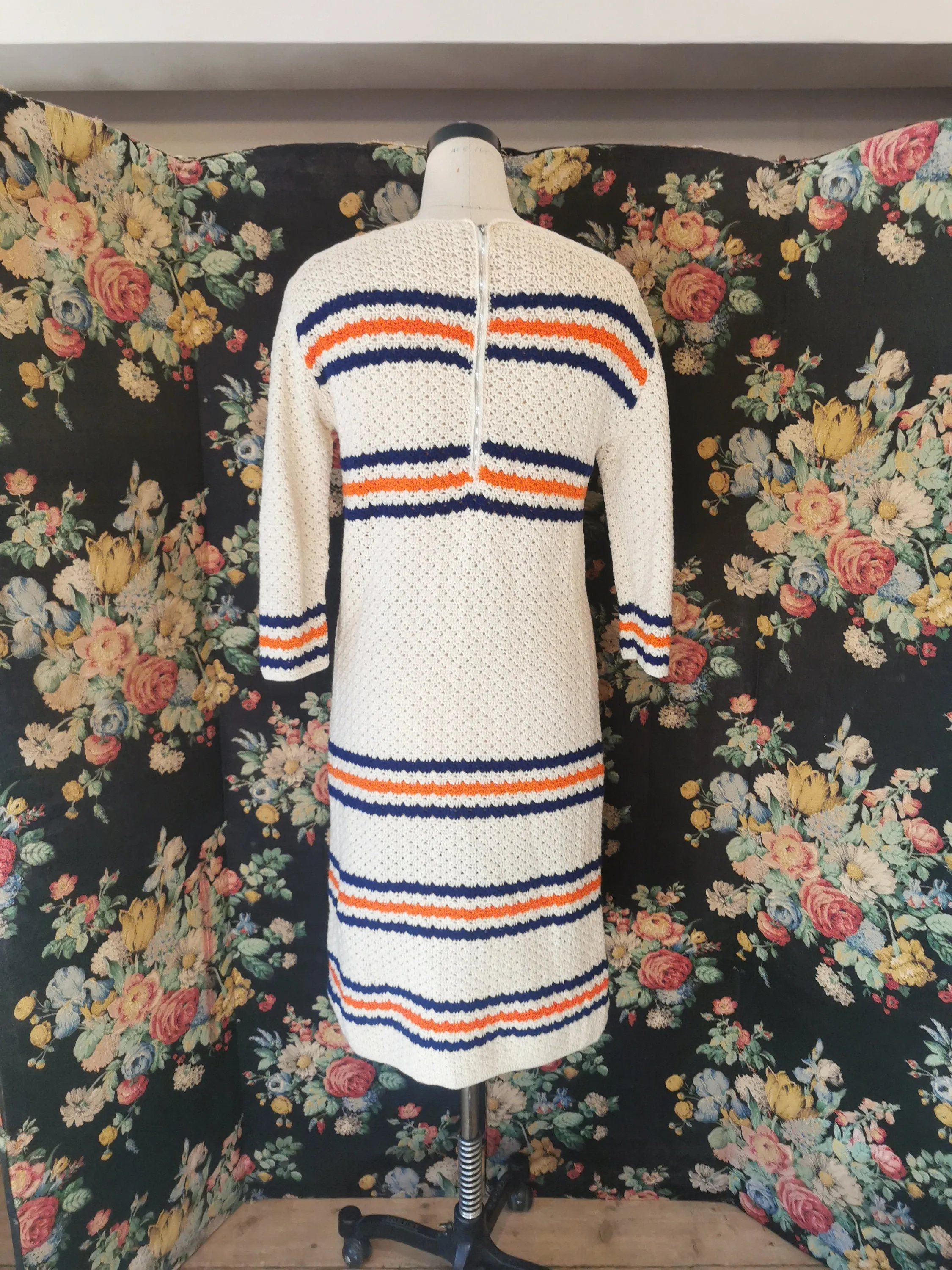 1960s beige knit dress with navy and orange stripe