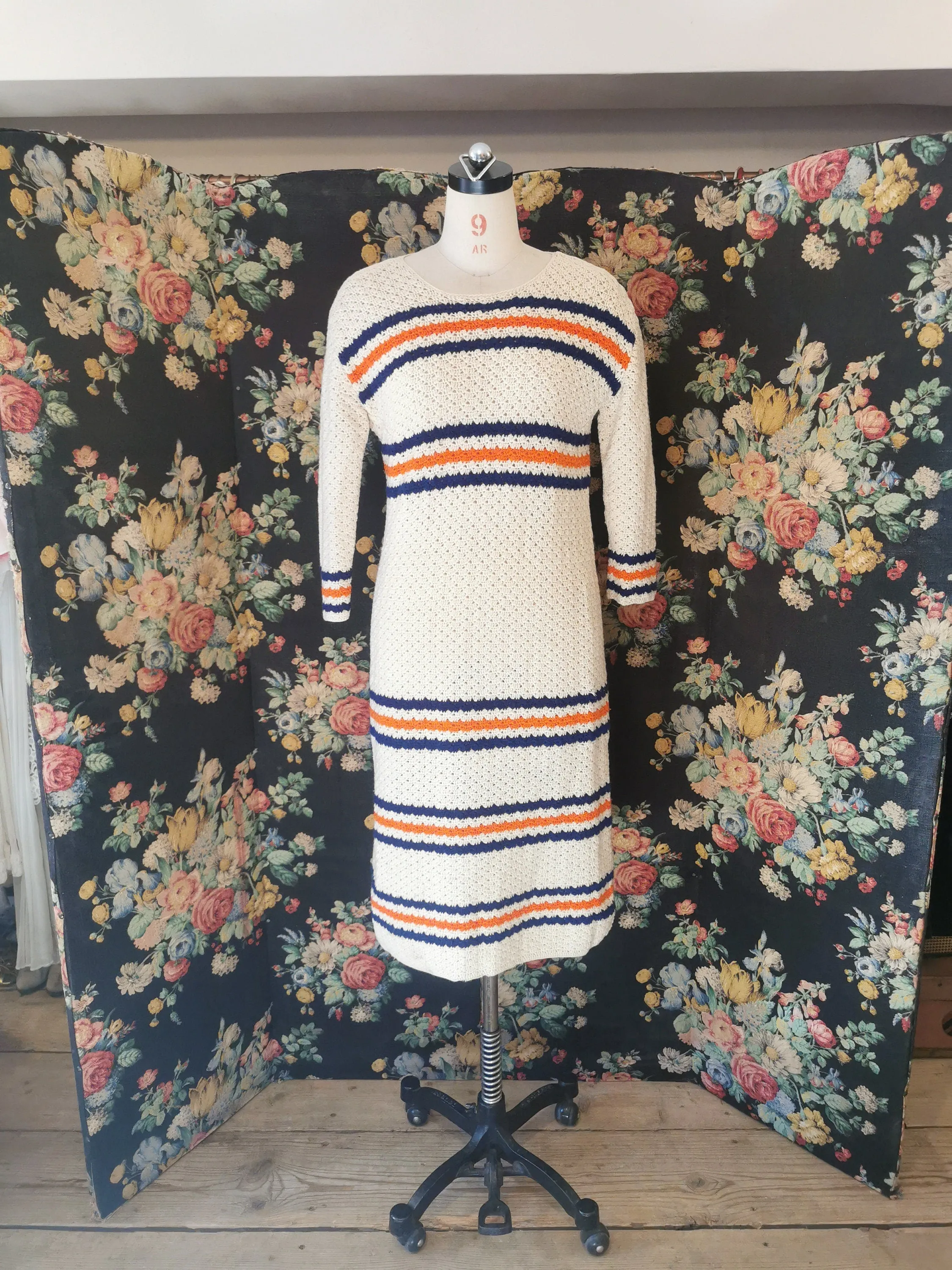 1960s beige knit dress with navy and orange stripe