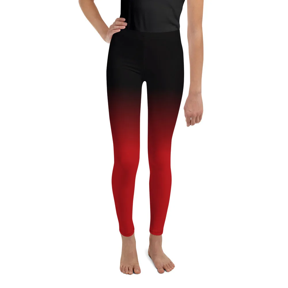 Black and Red Ombre Youth Leggings (8-20), Gradient Tie Dye Women Girls Teens Tweens Workout Pants Printed Tights
