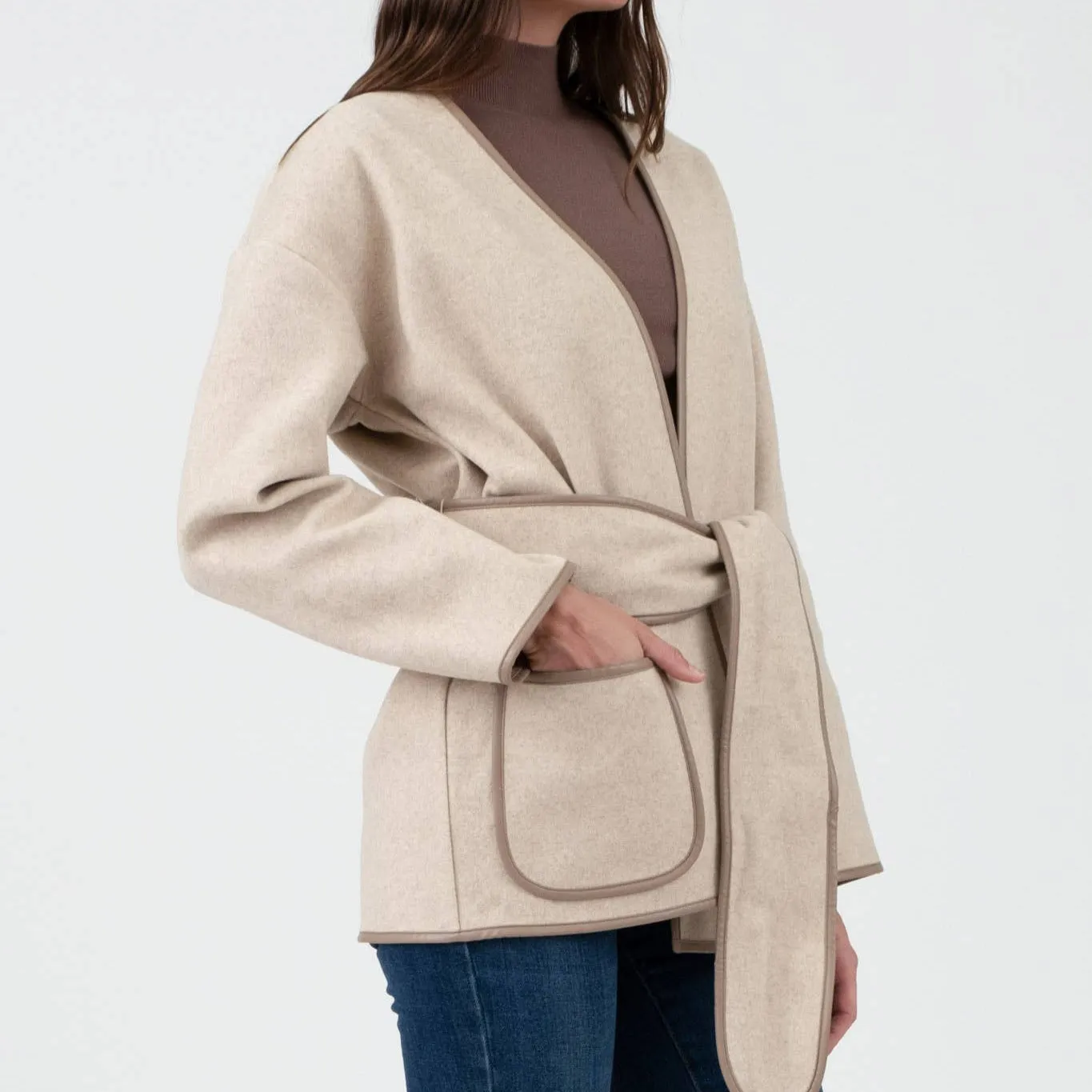 Contrast Trim Belted Coat