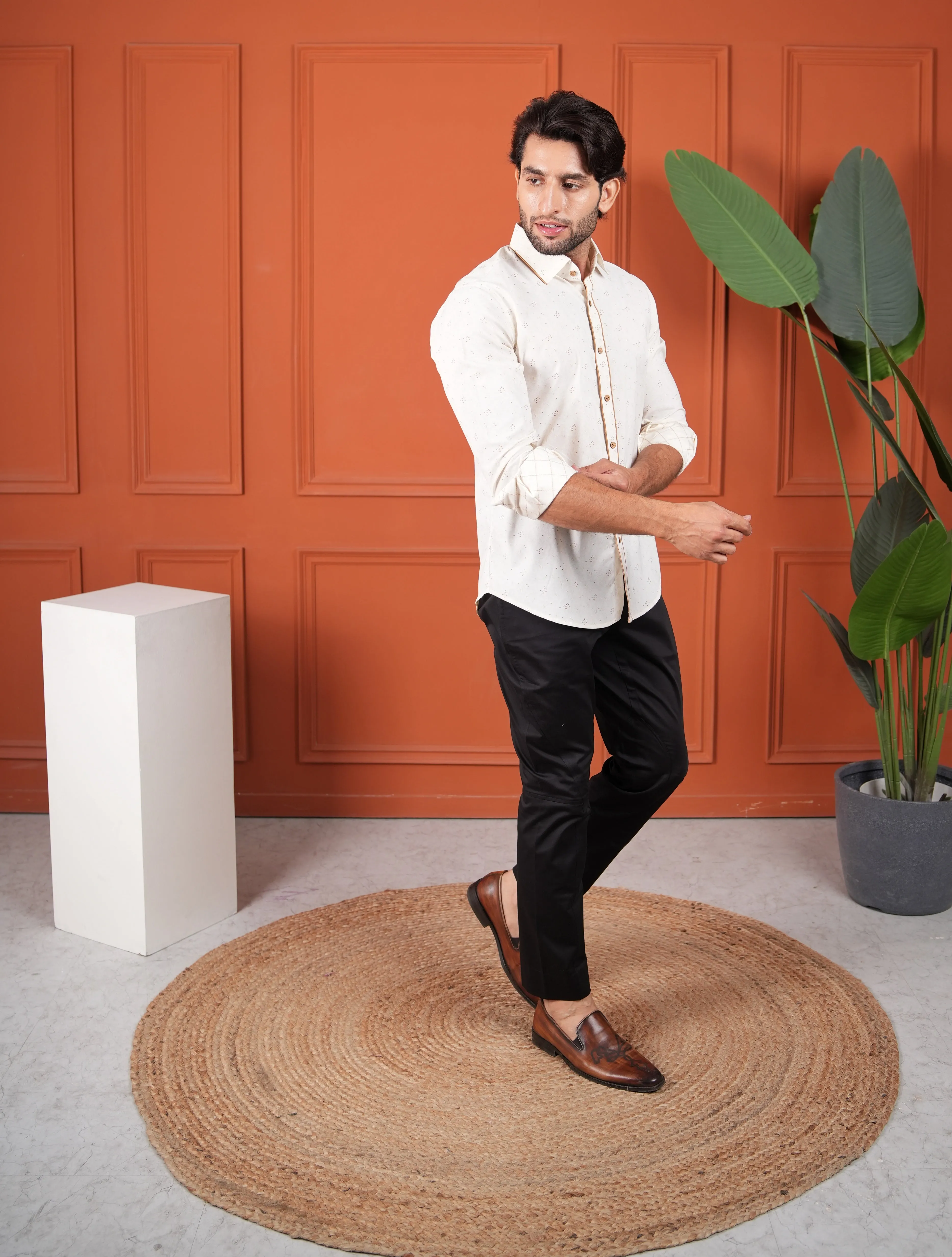 Cream Brown Printed Cotton Shirt