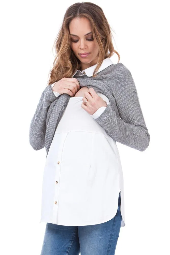 Seraphine Grey Mock Shirt Cotton Mix Maternity & Nursing Sweater