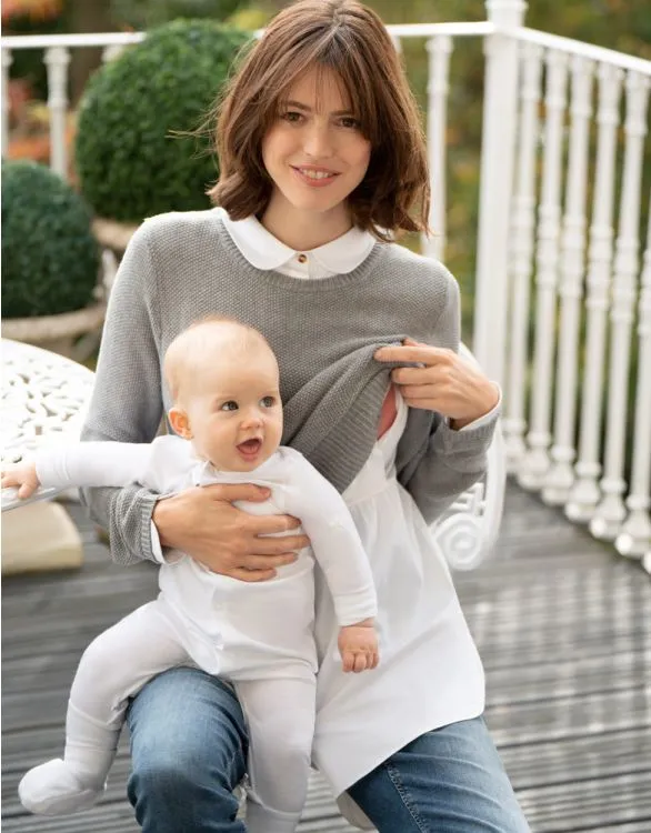 Seraphine Grey Mock Shirt Cotton Mix Maternity & Nursing Sweater