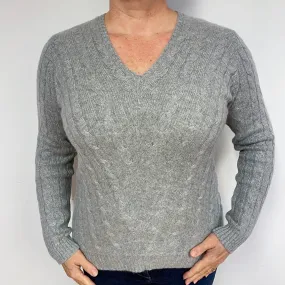 Smoke Grey Cable Cashmere V-Neck Jumper Large