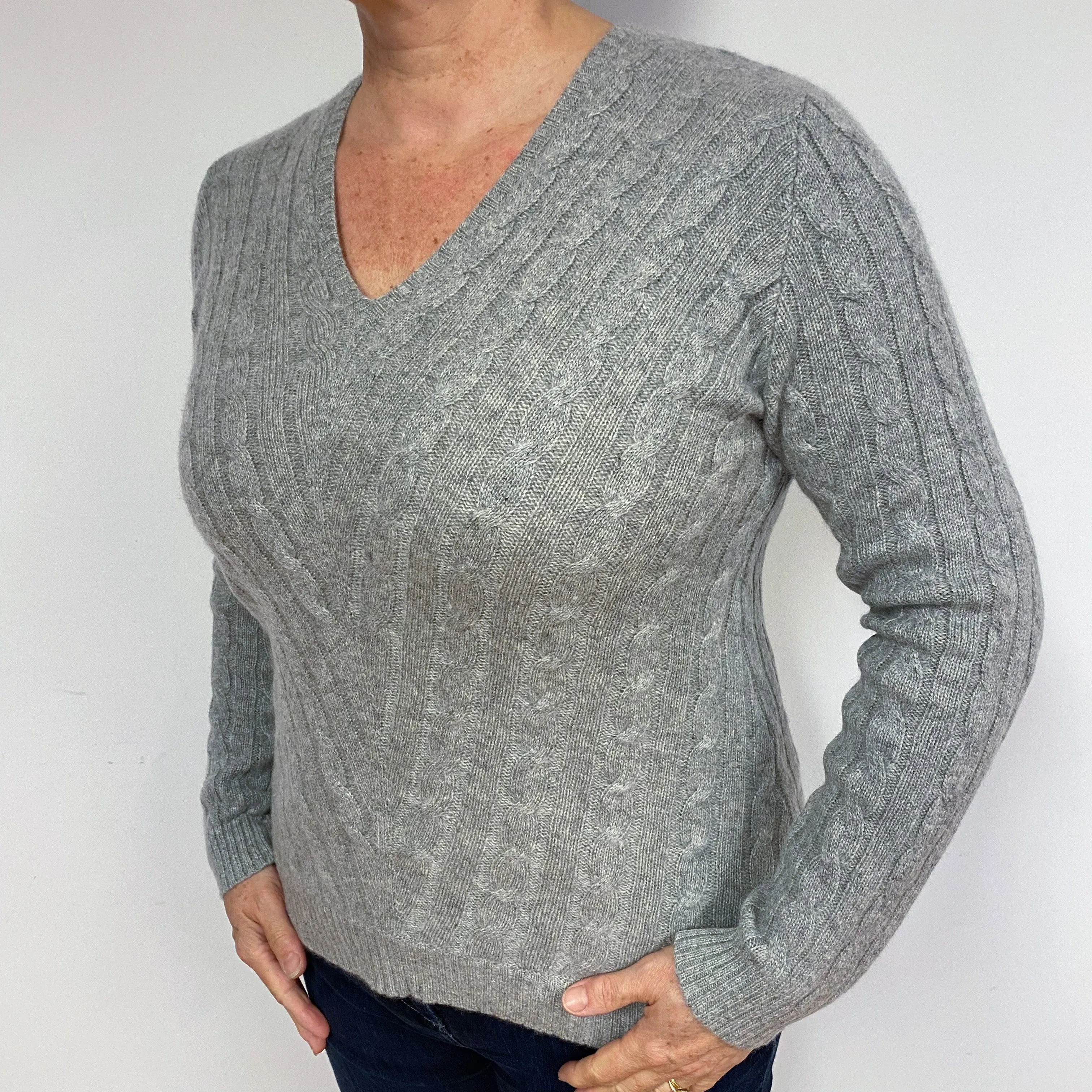 Smoke Grey Cable Cashmere V-Neck Jumper Large