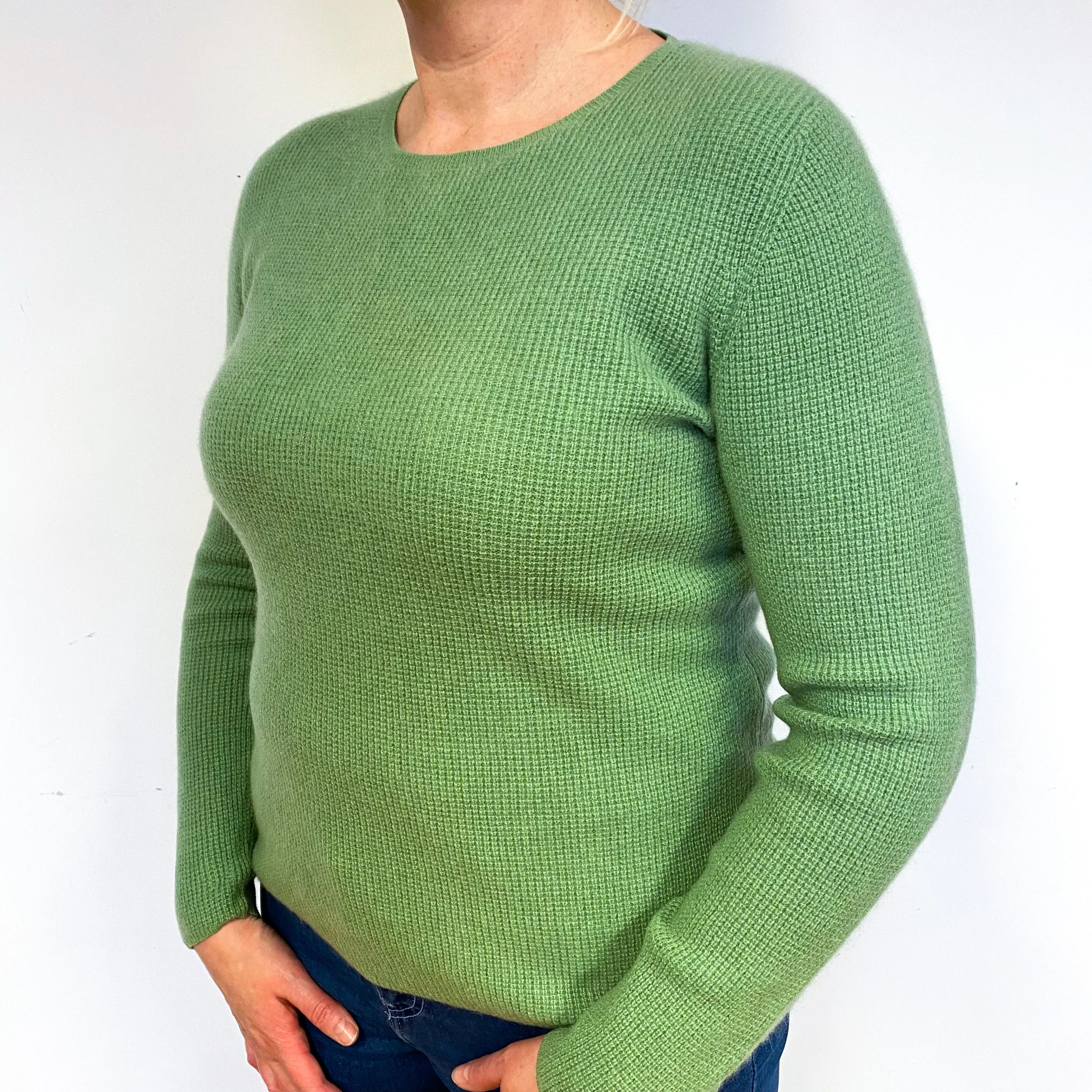 Spring Green Waffle Cashmere Crew Neck Jumper Large