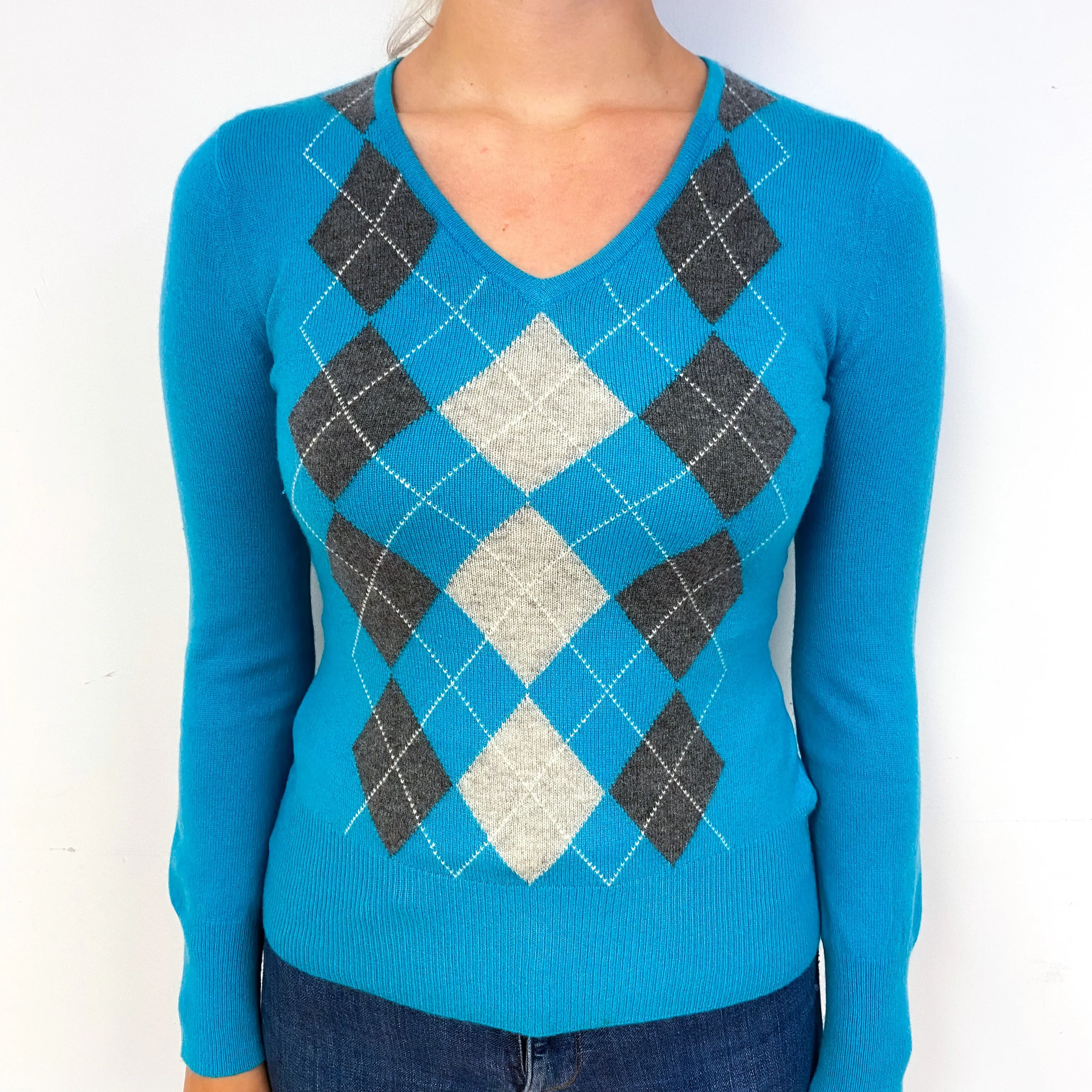 Turquoise Grey Diamond Cashmere V-Neck Jumper Small
