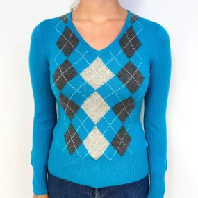 Turquoise Grey Diamond Cashmere V-Neck Jumper Small