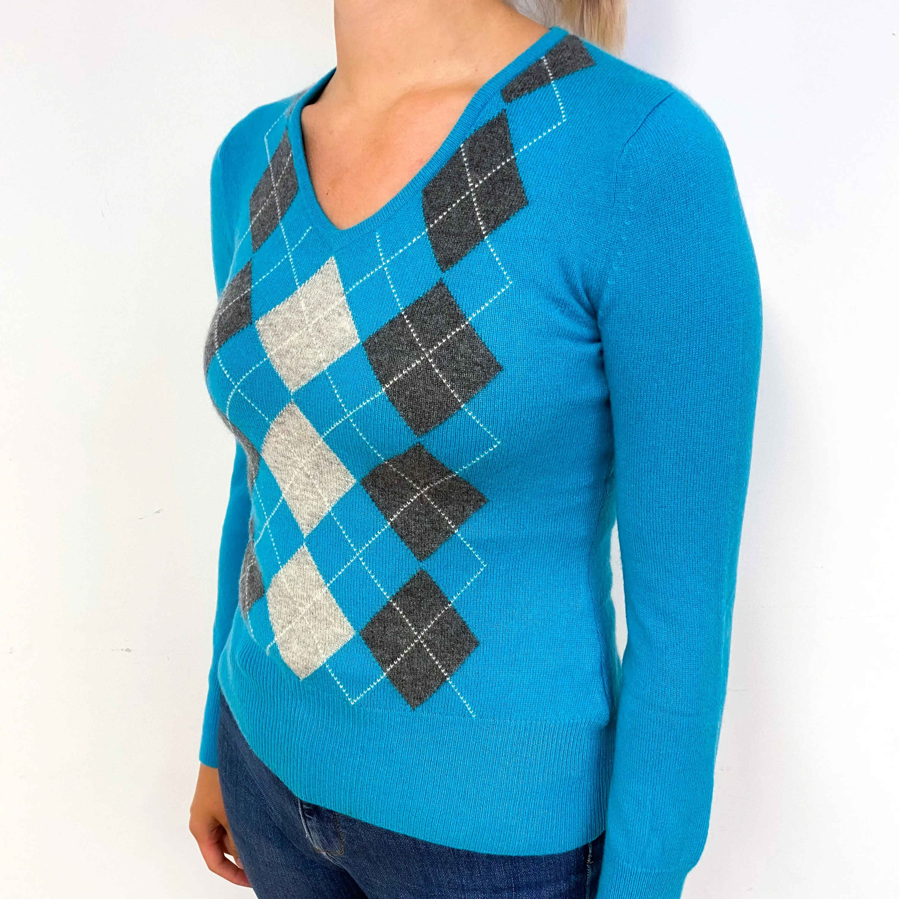 Turquoise Grey Diamond Cashmere V-Neck Jumper Small