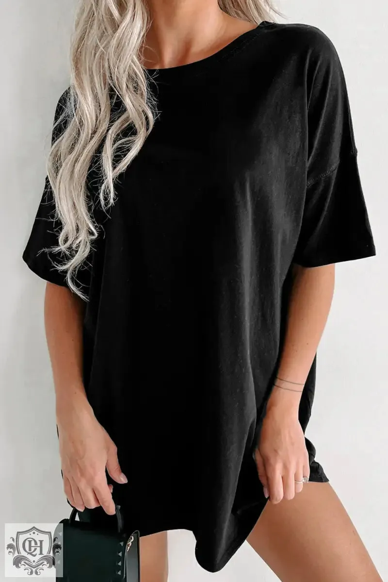 White Solid Color Round Neck Basic Tunic T Shirt