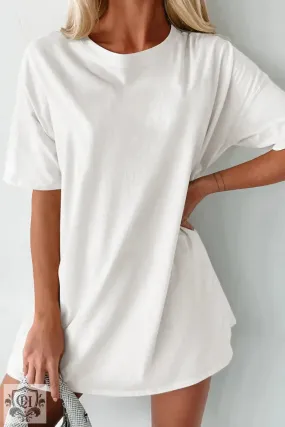 White Solid Color Round Neck Basic Tunic T Shirt
