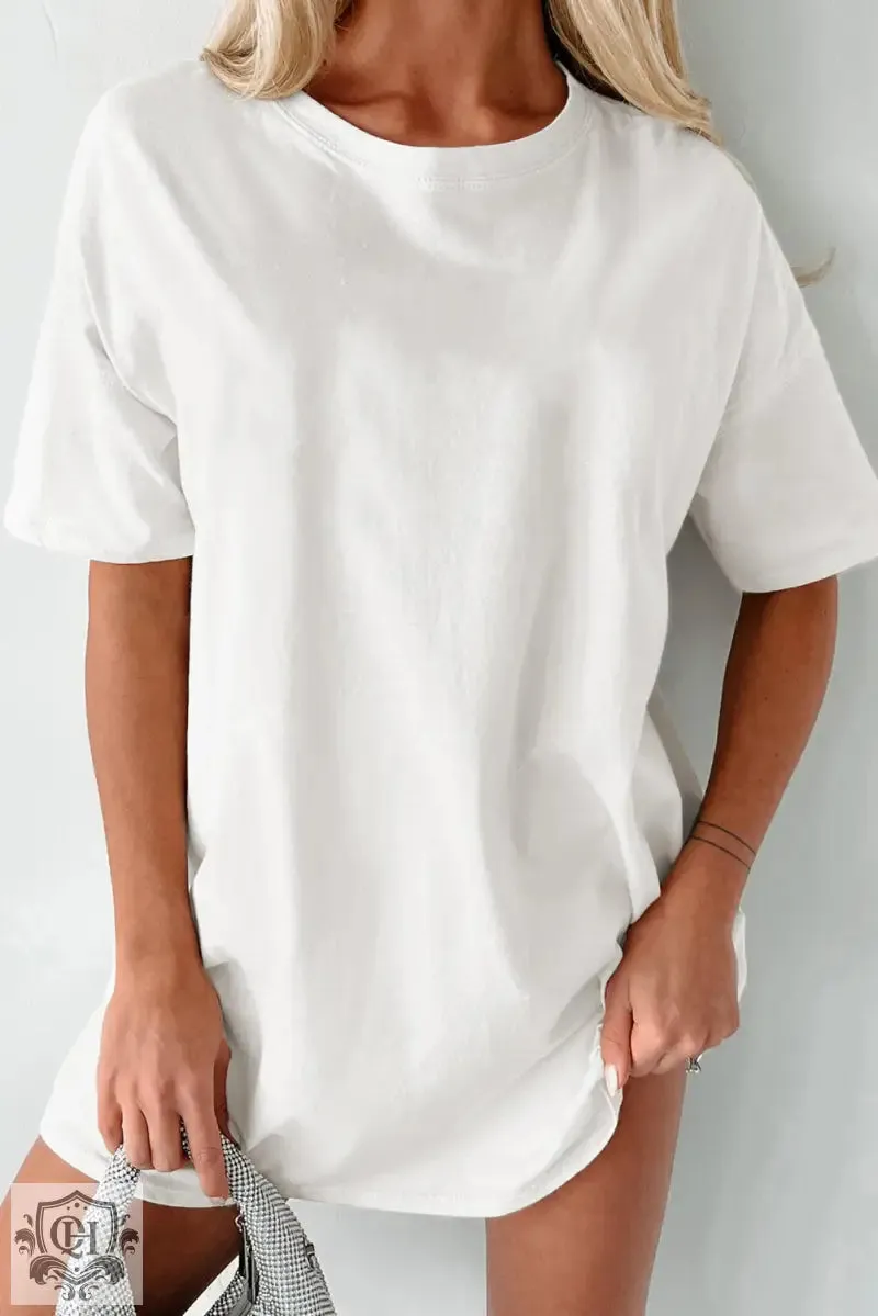 White Solid Color Round Neck Basic Tunic T Shirt