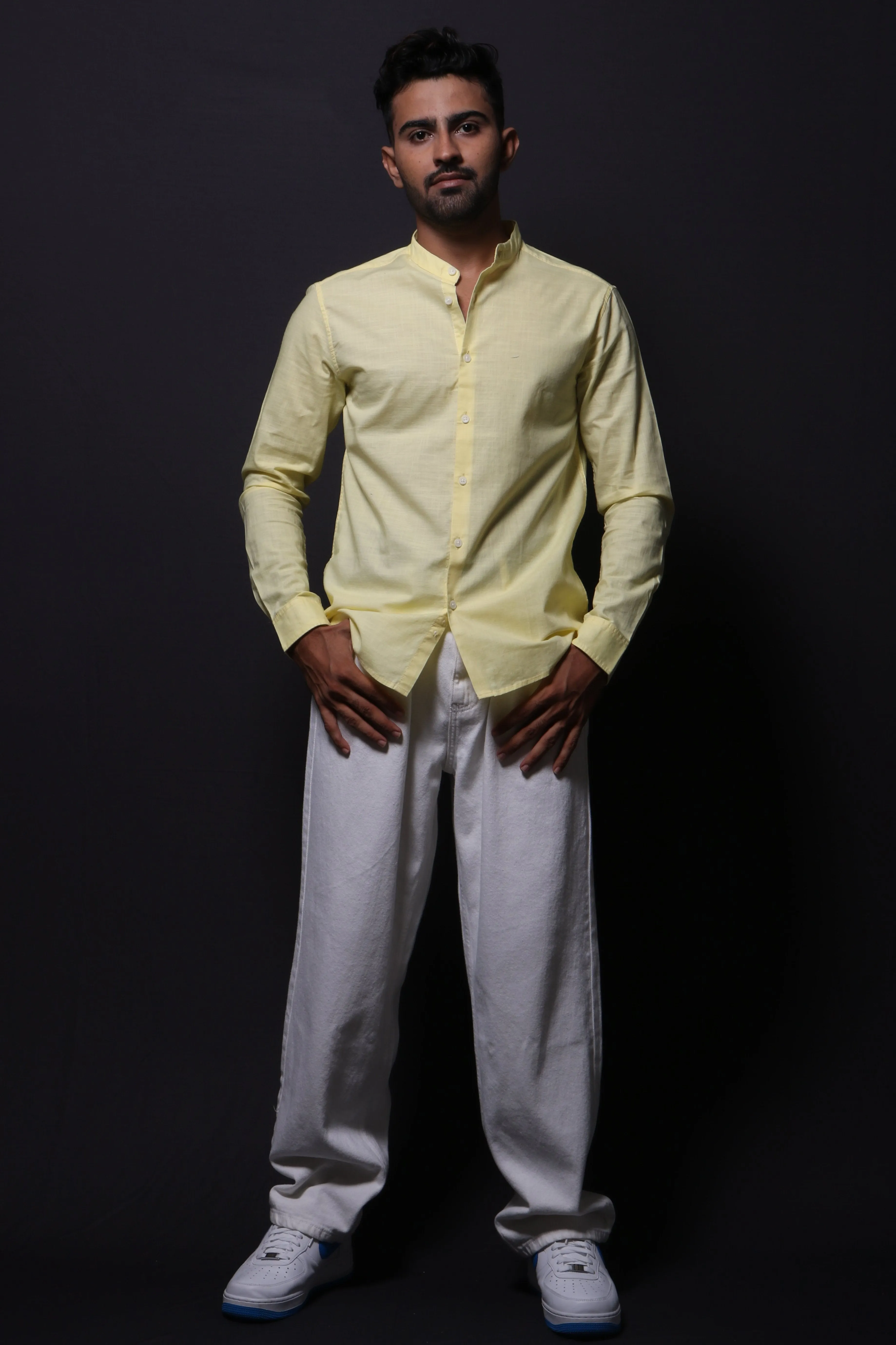YELLOW SLUB MANDARIN COLLAR SLIM FIT SHIRT